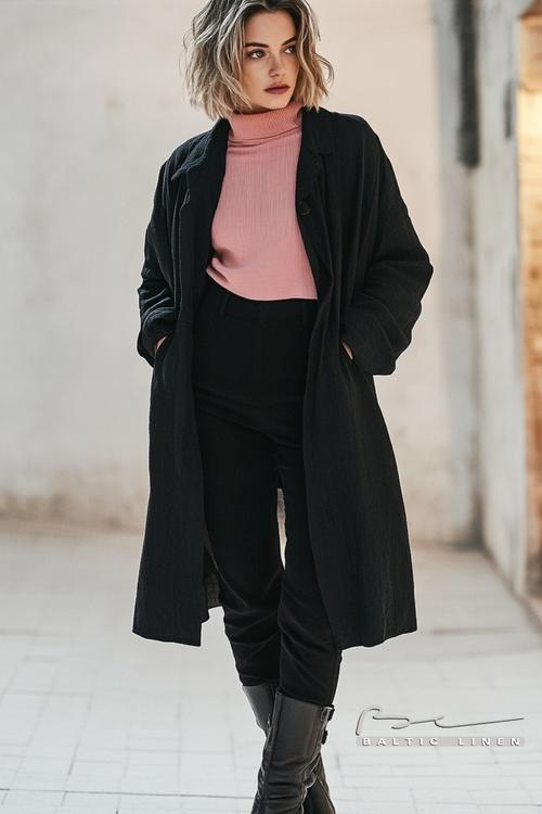 Stunning night style with asymmetrical bob and chic long coat outfit